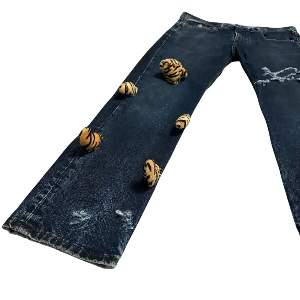 Reworked Levi's Blue Jeans Tiger Attack Stuffed Animal Customized Modified OOAK